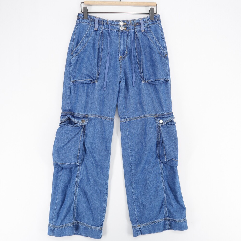 Pilcro Cargo Jeans Womens 2 Blue Wide Leg Utility Pockets Drawstring